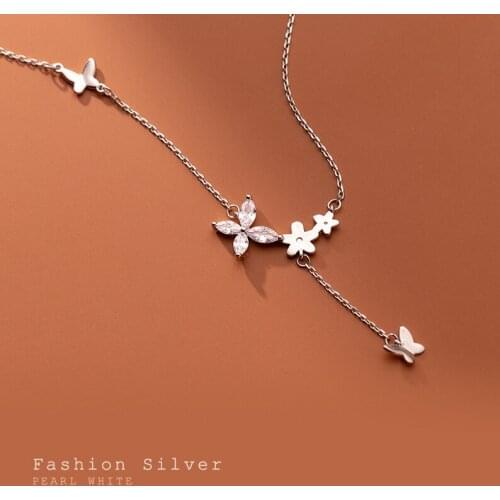 100% real. 925 Sterling Silver Fine Jewelry CZ Floral Butterfly Pendant Choker clavicle Necklace Y Gift C-D8604