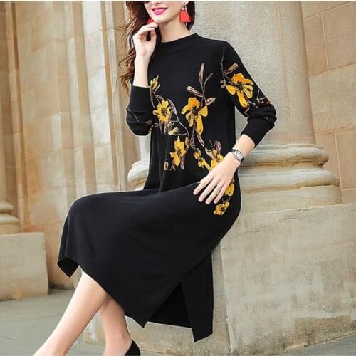 2021 Winter Vintage Loose Floral Casual Sweater Autumn 3XL Plus Size Black Knitted Sweater Dress Women Elegant Bodycon Pullovers