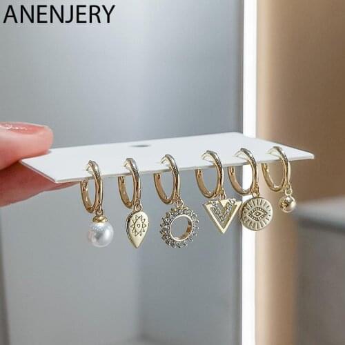 ANENJERY 6 pieces/set 925 Sterling Silver Drop-Shaped Eyes Hoop Earrings Set Zircon Pearl Geometric Earrings for Women Wholesale