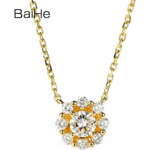 BAIHE Solid 18K Yellow Gold 0.47ct H/SI Natural Diamond Women Wedding Fine Jewelry Gift Round Diamond Gift Necklaces