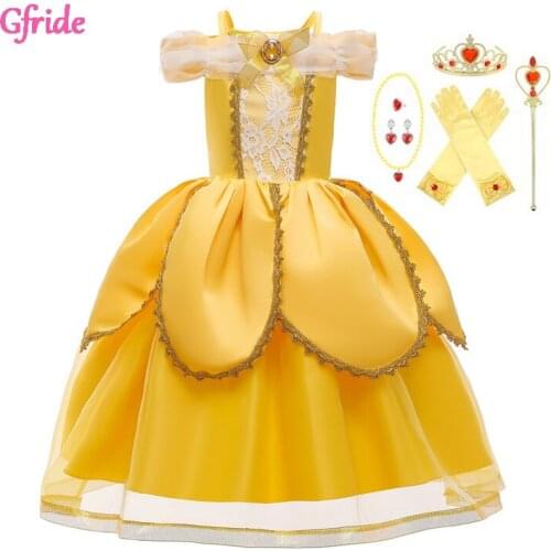 Halloween Princess Belle Costume For Kids Dress Up Cosplay Long Dresses Children Fancy Party Dress Grown Wands Gloves sets 2-10T
