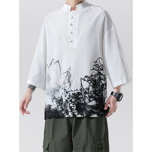 Summer Chinese Style Linen Short Sleeve Oversized Print T-Shirt Men Hip Hop Fashions Tee Streetwear Harajuku T Shirt Male 30271