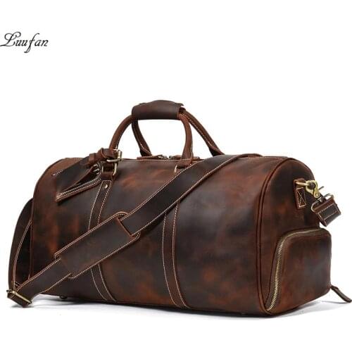 Luufan Vintage Crazy Horse leather Travel Bag With Shoe Pocket Big Capacity Male Weekend luuage Bag Large Messenger Bag 50 cm