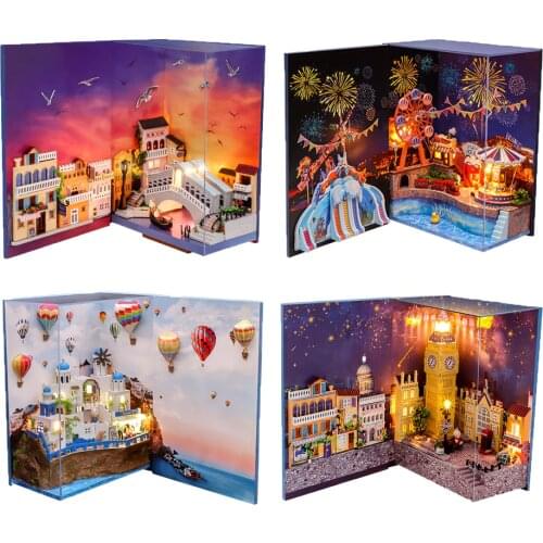 New DIY Mini Book Nook Dollhouse Bigben Balloon Kit Assembled Miniature with Furniture Doll House Toys for Children Girl Gifts