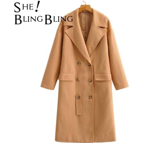 SheBlingBling Za Woman 2021 Fashion Jacket Double Breasted Loose Woolen Coats Vintage Long Sleeve Female Outerwear Chic Overcoat