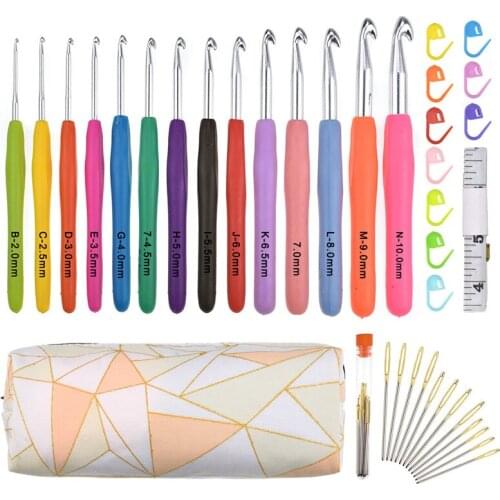 Crochet Hooks Set 14 PCS 2mm(B)-10mm(N) Ergonomic Soft Grip Long Handle Yarn Knitting Needles Kit with Case for Arthritic Hands