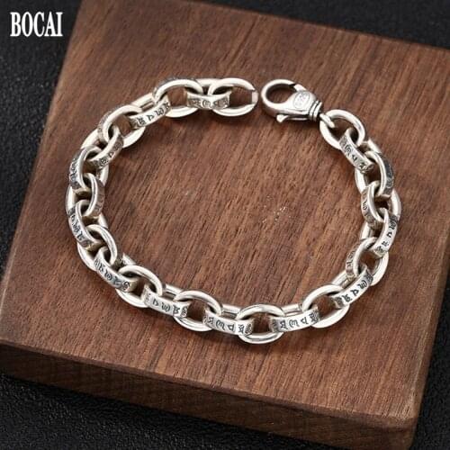 New real s925 pure silver jewelry shiny face six-character mantra personalized ring buckle stylish Thai silver mens bracele