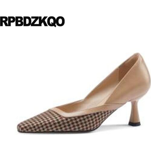 Genuine Leather Nude Pointed Toe Heels High Celebrity Shoes Modern Pumps Multi Colored Women Size 33 Stiletto Plaid 2021 Chic