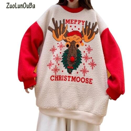 Autumn Winter Hoodie Sweatshirt Thick Lamb Wool Christmas Antlers Elf Pullover Wear Long Sleeve Round Neck Fake Two Piece Coat