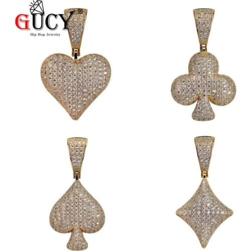GUCY Hip Hop Poker Heart Flower Square Spade Pendant Necklace Gold Silver Color Iced Out Cubic Zircon Tennis Chain Mens Gift