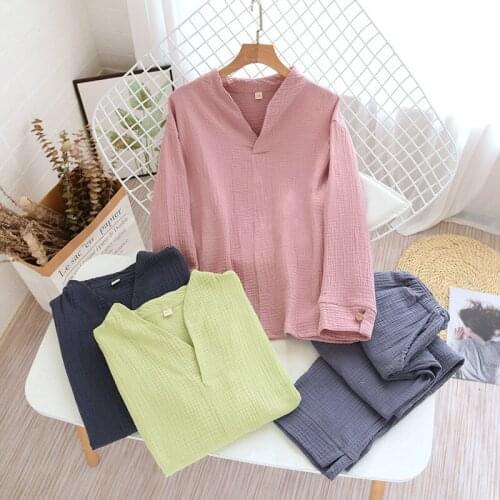 Japanese Spring And Autumn Couple Pajamas Long-sleeved Trousers 100% Cotton Crepe Home Service Two-piece Suit For Men And Women