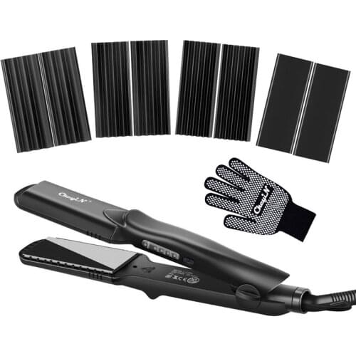 CkeyiN 4 in 1 Professional Interchangeable Ceramic Hair Crimper Straightener Corn Waver Corrugated Iron Plate with Glove