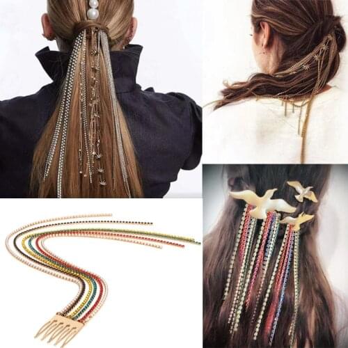 Simple Colorful Tassel Rhinestone Chian Hair Clip Trendy Pearl Ponytail Braided Hair Comb Women Hairpin Barrettes Accessories