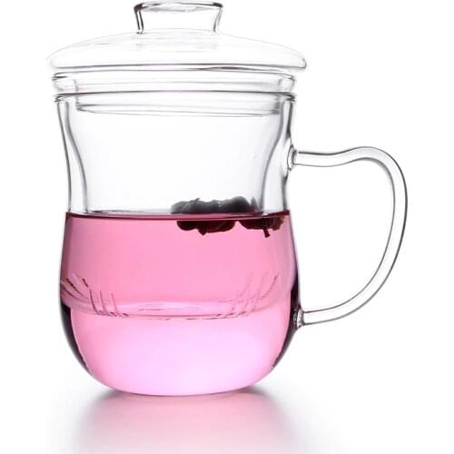 Transparent glass tea cup with filter and beautiful lid, hand blown Borosilicate office mug