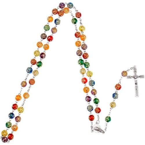 QIGO Mixed Color Plastic Rose Jesus Cross Rosary Necklace Virgin Mary Religion Jewelry