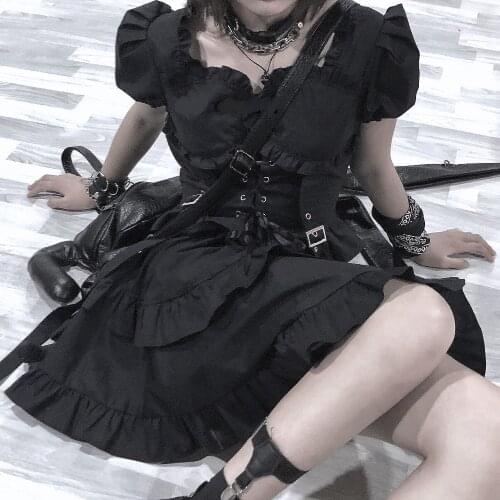 Ruibbit Harajuku Gothic Women Lolita Dress O Neck Short Sleeve High Waist Lace-up Ruched Vintage Black Dress Female Punk Dresses