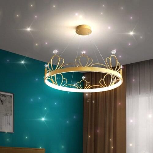 Modern Bedroom Led Pendant Lights Round Gold Metal Led Dimmable Pendant Lamp Romantic Girls' Crown Crystal Hanging Lamp Fixtures