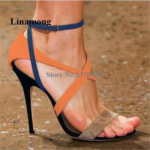 Women Elegant Fashion Open Toe Suede Leather Stiletto Heel Gladiator Sandals Patchwork Strap Cross High Heel Sandals Dress Heels