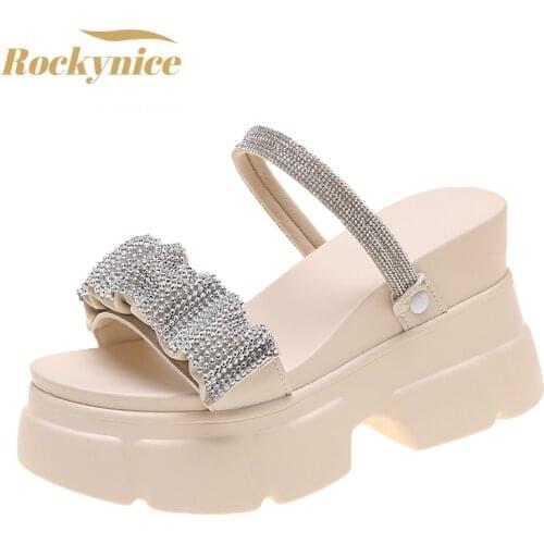 Women Summer Sandals Beach Shoes New Crystals Flip-Flops Wedge Heel Shoes Woman High Platform Bling Slippers Outside Sandals 9cm