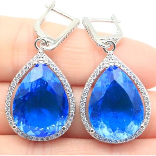 43x19mm 2019 New Designed Drop Created Paris Blue Topaz White CZ Womans Silver Earrings