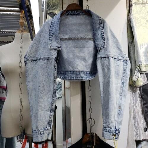 Korean Irregular Patchwork Women Short Denim Cardigan Jacket Spring Autumn 2021 Vintage Light Blue Female Long Sleeve Jeans Coat