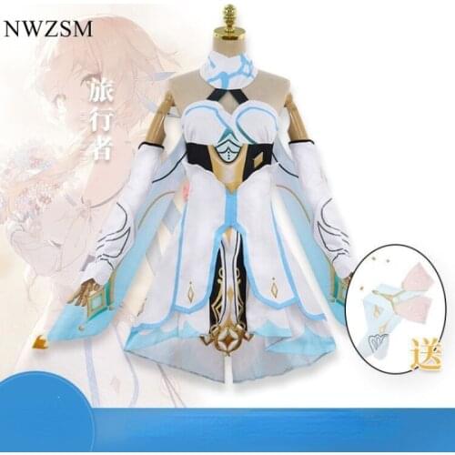 Genshin Impact traveller Lumine Cosplay Costume Elegant Halloween Party Dress Anime Game Suit Set For Women Girls