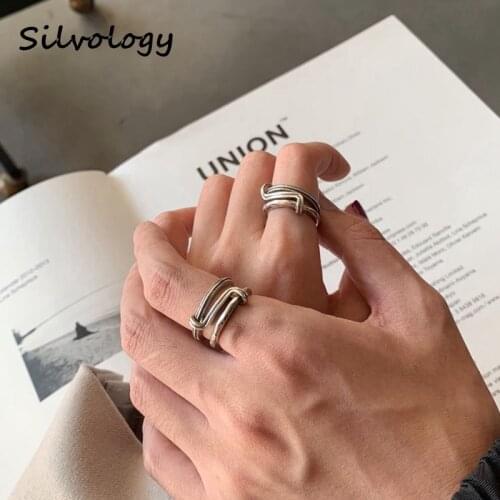 Silvology 925 Sterling Silver Double Circle Interlock Rings Original Vintage Creative Texture Rings for Women Handmade Jewelry