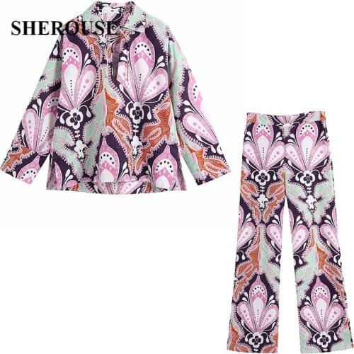 2021 New Women Printed 2 Pieces Set Long Sleeve Blouse Long Loose Trousers Pajamas Suit Fashion Casual Women Outfit Pants Sets