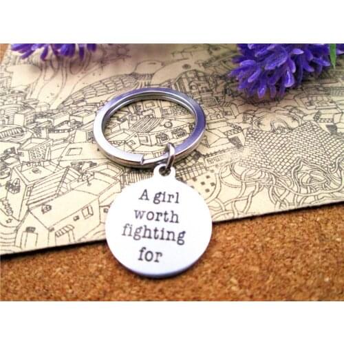 3pcs/lot 28mm stainless steel keyring with 20mm stainless steel circle "a girl worth fighting for" charms keyring