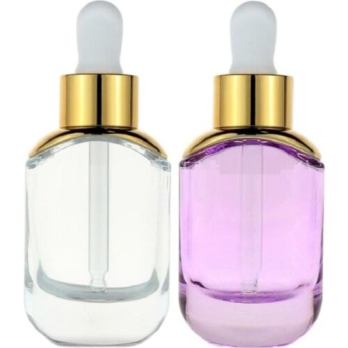 30ML Empty Clear Purple Flat Round Glass Essential Oil Dropper Vials Gold Silver Ring White Top Refillable Packaging Bottle 5pcs