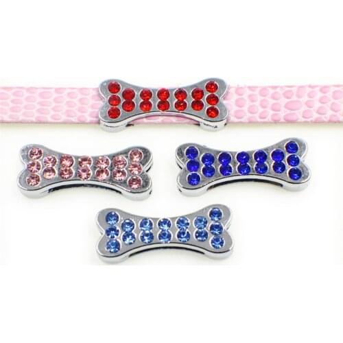 5pcs Red Pink Blue Colorful Rhinestone Bone Slide Charm Rainbow Crystal Beads For 8mm Belt Mesh Bracelet Dog Pet Jewelry Making