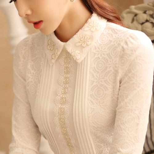 Thicken Fleece Warm Women Blouse Lace Turn-down Collar Solid Embroidery Slim Office Lady Elegant White Shirts Outwear Tops