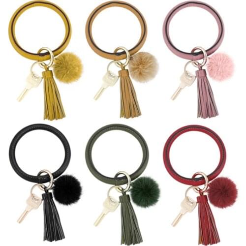 MANILAI Bohemia PU Leather Wristlet Keychain Bangle Fashion Bulb Pendant Large Circle Keyring Tassel Bracelet For Women Jewelry