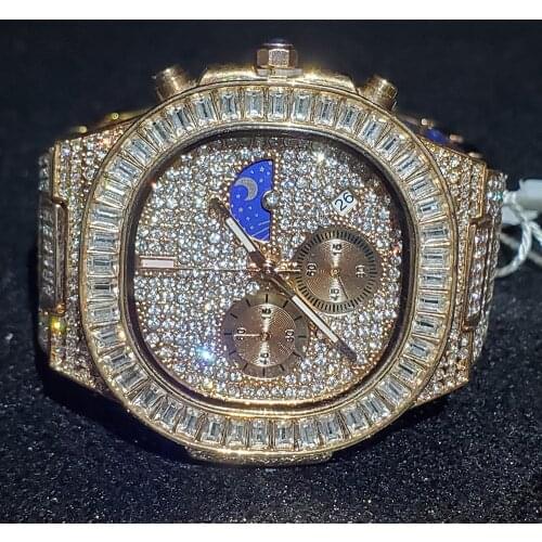 Hip Hop MISSFOX Fully Iced Out Watch Men Baguette Diamond Gold Steel Mens Watches Top Brand Luxury Waterproof Quartz Wristwatch