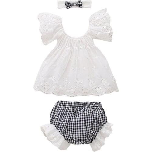 Childrens clothing spot baby skirt flying sleeves exposed lace blouse plaid shorts skirt headdress three-piece set