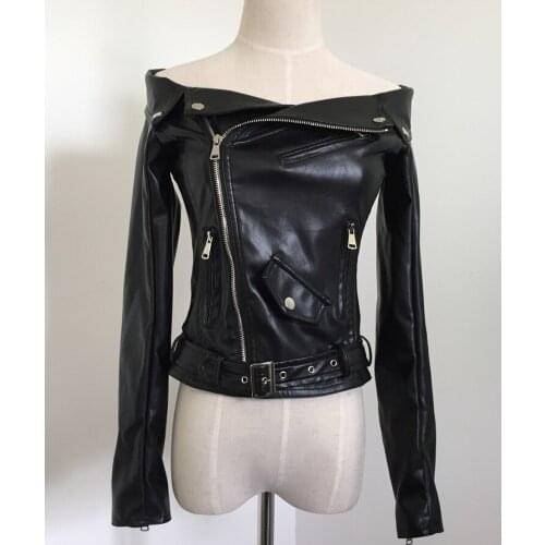 Real leather joker New show thin black women s clothing of fund of autumn winters is a word shoulder high waist locomotive