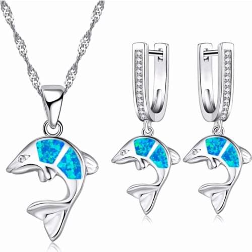FDLK Brand Dolphin Design Copper Man-made Opal Jewelry Set For Women With Blue Imitation Fire Opal Earrings Pendant Necklace Set