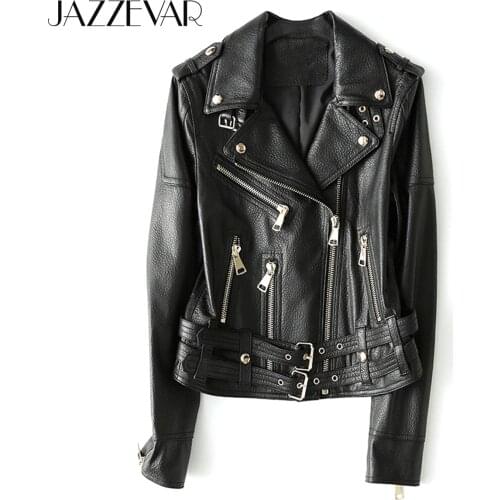 JAZZEVAR 2021 New High Fashion Street Women Real Sheep Skin Leather Jacket Female Black Genuine Leather short Motorcycle Jackets