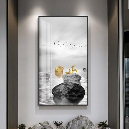 Creative white and black landscape golden deer stone Modern decorative Picture Canvas Wall Art Poster for room Porch office deco