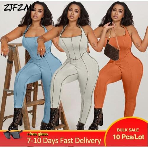 Bulk Items Wholesale Lots Striped Bodycon Halter Women Long Jumpsuits Skinny Backless Sleeveless Workout Sportswear Overalls