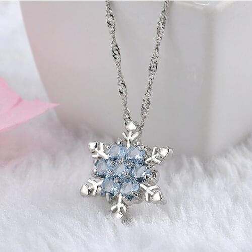 Fashion Clear Blue Crystal Necklace Snowflake Pendant Necklace Women Charm Silver Color Flower Statement Collar Necklace Jewelry