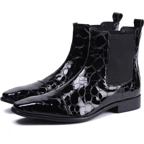 High Quality Genuine Leather Crocodile High Top Men Chelsea Ankle Boots Nightclub Party Career Work Botas Flat Dress Footwear