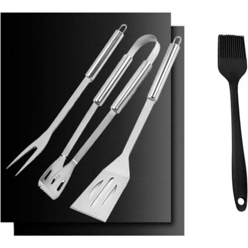 BBQ Grill Tool Accessories Set 3PCS Metal Stainless Steel Tong/Fork/Spatula 2PCS Grill mat 1 Silicone Oil Brush Barbecue Gadgets