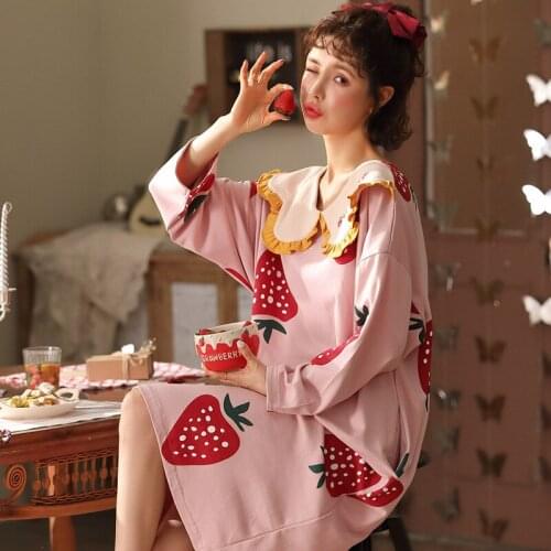 Nightdress Autumn Cotton Cute Cartoon Long Sleepwear Plus Size Loose Night Wear Women Long Sleeve Nightie Home Pajamas For Girls