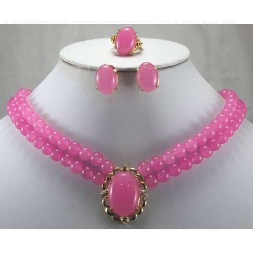 Wholesale noble pink Natural Stone ring(#7.8.9), stud earrings and 18" necklace with 13*16mm pendant jewelry set
