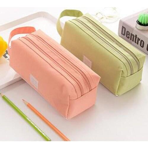 Portable Canvas Zip Double Layers Pencil Case Large Capacity Pen Bag Stationery