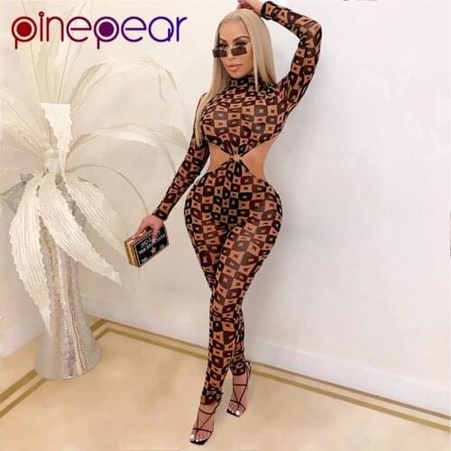 PinePear 2021 New Arrival Fashion Print Long Sleeve Backless Bodycon Rompers Womens Jumpsuit Night Party Sexy Club Overalls