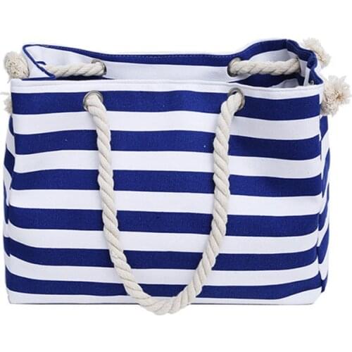 Women Casual Striped Canvas Tote Bag Large Capacity Beach Top-Handle Bag Fashion Wild Shoulder Handbag Female Daily Shopping Bag