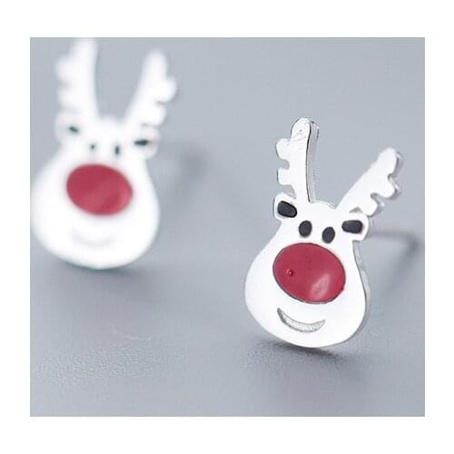 MloveAcc 100% 925 Sterling Silver Earring Tiny Red Christmas Elk Cute Animal Earrings for Women Jewelry Gift Prevent Allergy