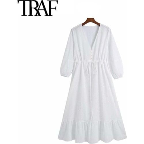 TRAF Women Chic Fashion Hollow Out Embroidery Midi Dress Vintage Three Qulater Sleeve Drawstring Female Dresses Mujer